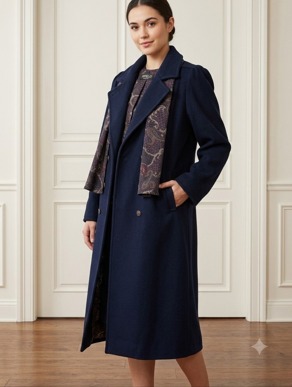 Vintage Jofeld Forstmann Wool Double Breasted Long Trench Coat Paisley Scarf